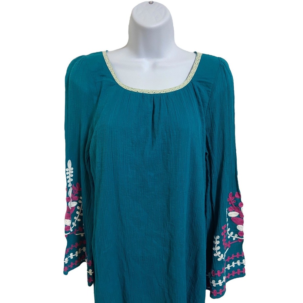 Umgee Teal Blue Embroidered Bell Sleeve Boho Shift Dress Peasant Hippie Gypsy M - Picture 8 of 9